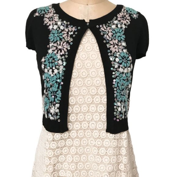 INC Black Bolero Cardigan With Iridescent Sequins & Turq/White Embroidery Size S - Picture 5 of 12